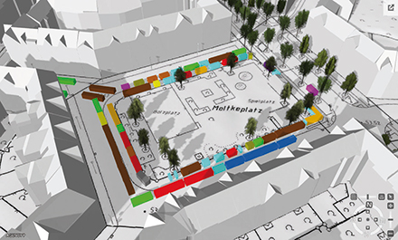 Der Wochenmarkt auf dem Moltkeplatz in Hannover in 3D-Ansicht.