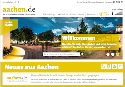 Die neue Website der Stadt Aachen ist ganz im städtischen Gelb gehalten.