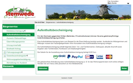 Online-Services der Gemeinde Stemwede können nun auch via PayPal und paydirekt beglichen werden.