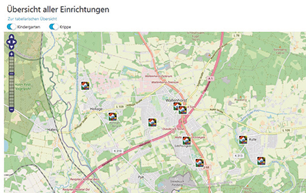 Die Übersichtskarte in der Nordholz-Lösung zeigt die verfügbaren Kitas im Stadtgebiet.