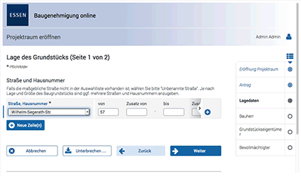 Screenshot des virtuellen Bauamts der Stadt Essen.