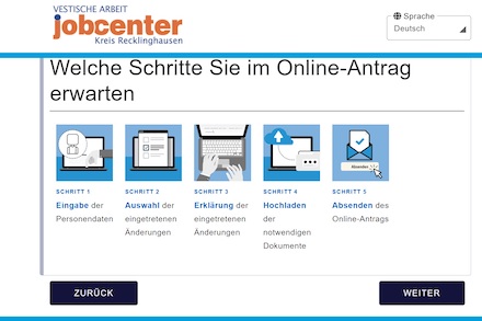 Schritt für Schritt: Im Online-Portal des Jobcenters Kreis Recklinghausen werden Benutzer mit Hilfen und Erläuterungen durch den Eingabeprozess geführt.