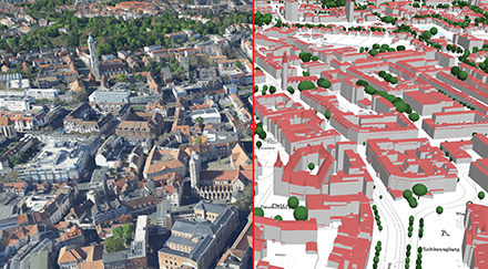 Braunschweigs 3D-Stadtmodell wird schrittweise zu einem vollwertigen Digital Twin ausgebaut (hier im Bild die Splittingfunktion mit zwei Ansichten).