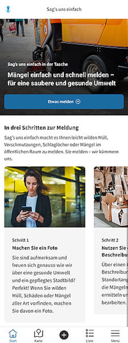 Startseite der nativen App – Deren Gestaltung kann dem jeweiligen kommunalen Design angepasst werden.