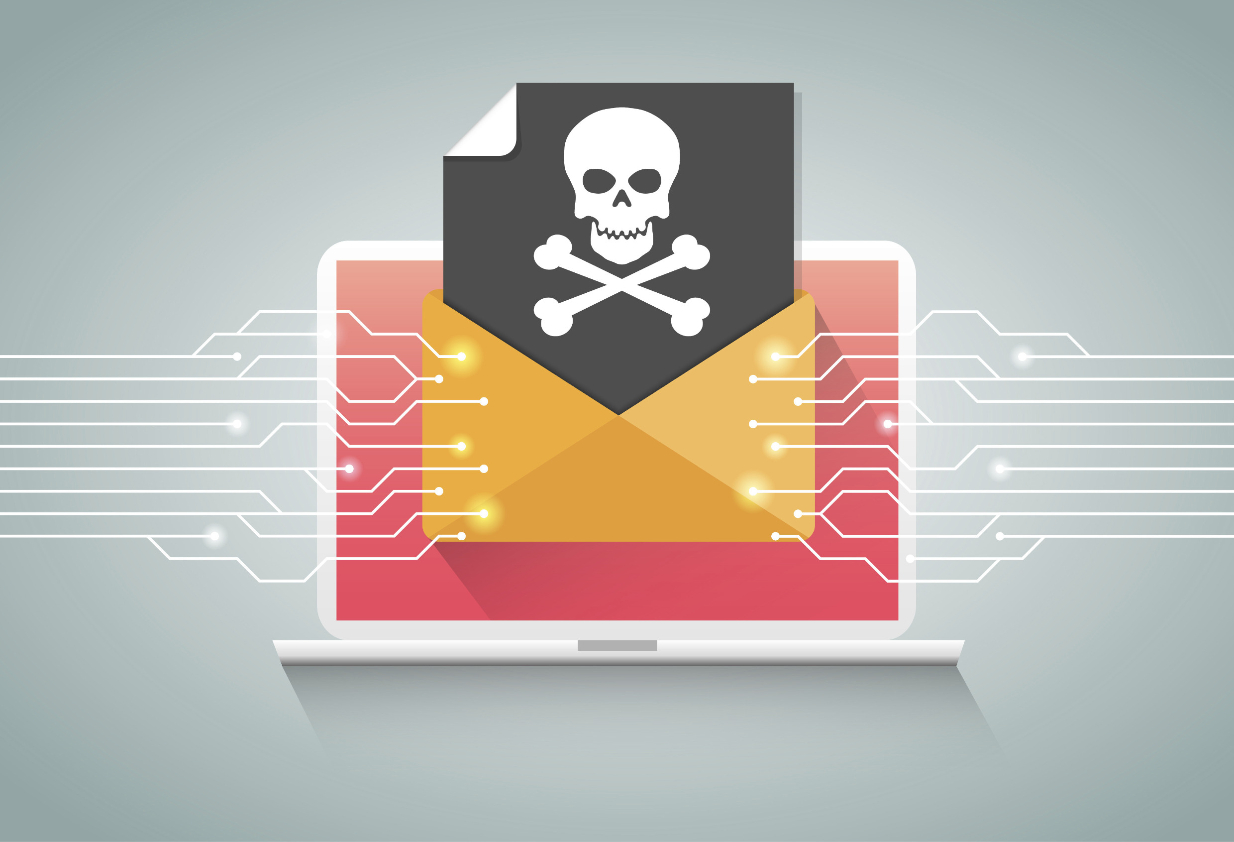 Illustration: Stilisierter aufgeklappter Laptop mit Piratenfahne über dem Display, einen Ransomware-Angriff symbolisierend.