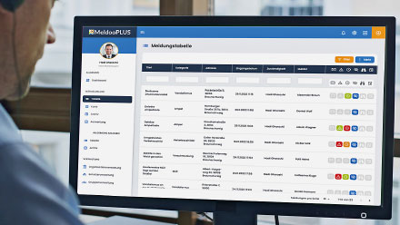 Bildschirm, auf dem die Oberfläche der Anwendung MeldooPLUS zu sehen ist.