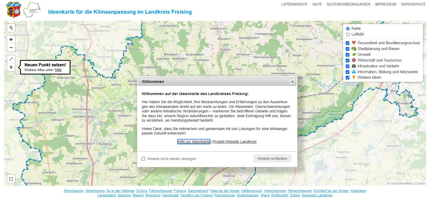 Screenshot der Online-Ideenkarte des Landkreises Freising.