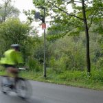 Das Bild zeigt einen Lichtmasten an einem Fahrradweg am Maschsee in Hannover.