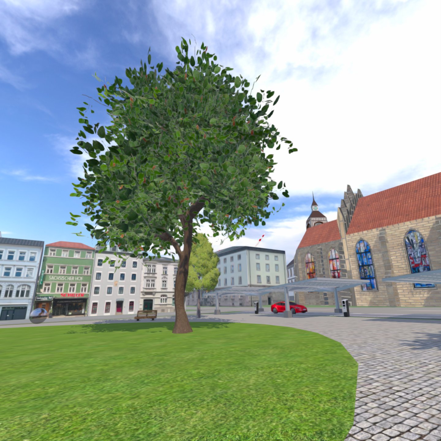 Virtuelles Abbild eines Stadtzentrums, ein Baum ist im Vordergrund des Bildes zu sehen.