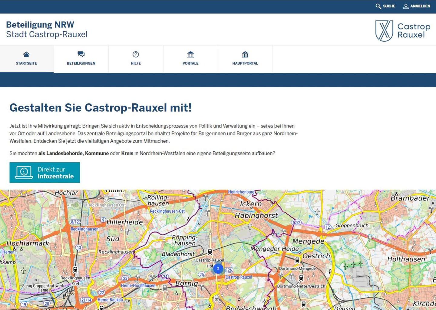 Screenshot der Online-Beteiligungsplattform, die eine Landkarte von Castrop-Rauxel zeigt.