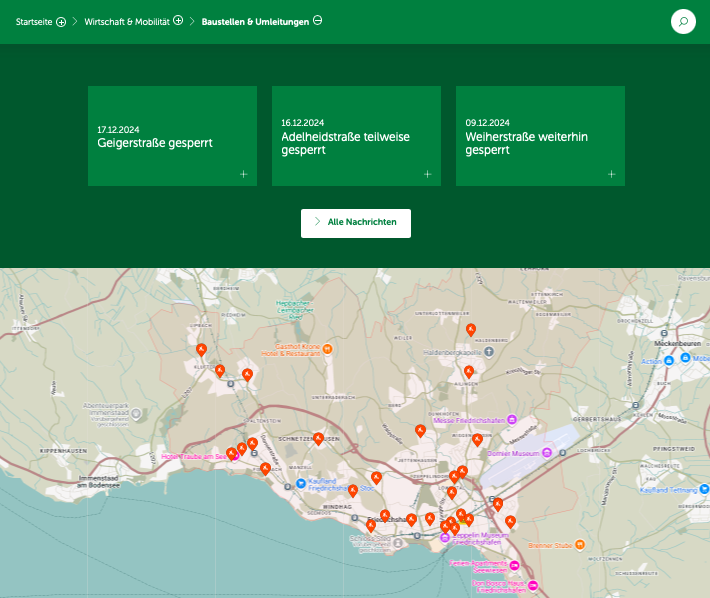 Screenshot der Startseite von baustellen.friedrichshafen.de, der die Online-Übersichtskarte und die darüber angesiedelten Nachrichtenüberschriften zeigt.