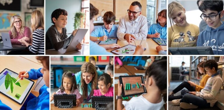 Collage, die Schulkinder und Lehrkräfte in unterschiedlichen Alltagssituationen mit einem Tablet zeigt.