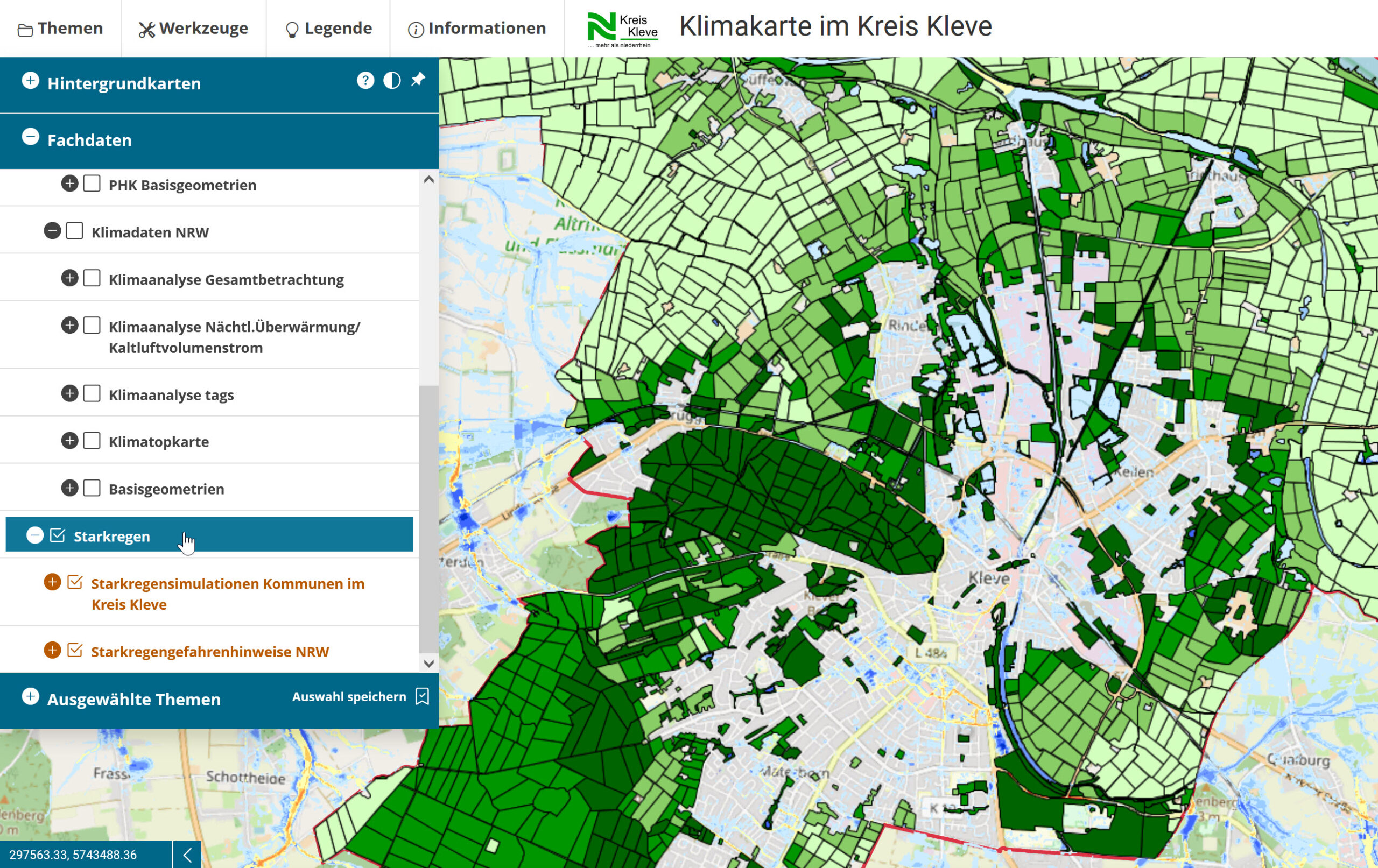 Screenshot vom Geodatenportal es Kreis Kleeve, gezeigt werden Klima- und Starkregendaten für die Klever Innenstadt.