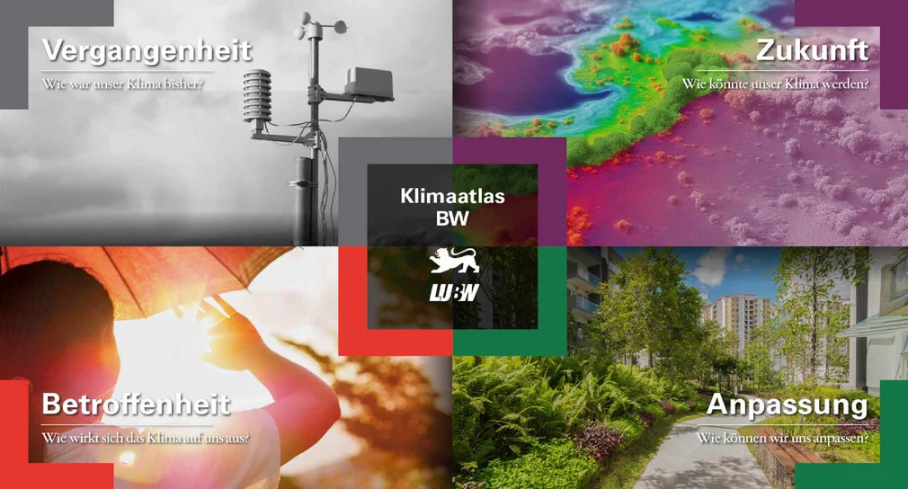 Collage aus vier Ansichten des Klimatalas BW, in der Mutte das Landeslogo