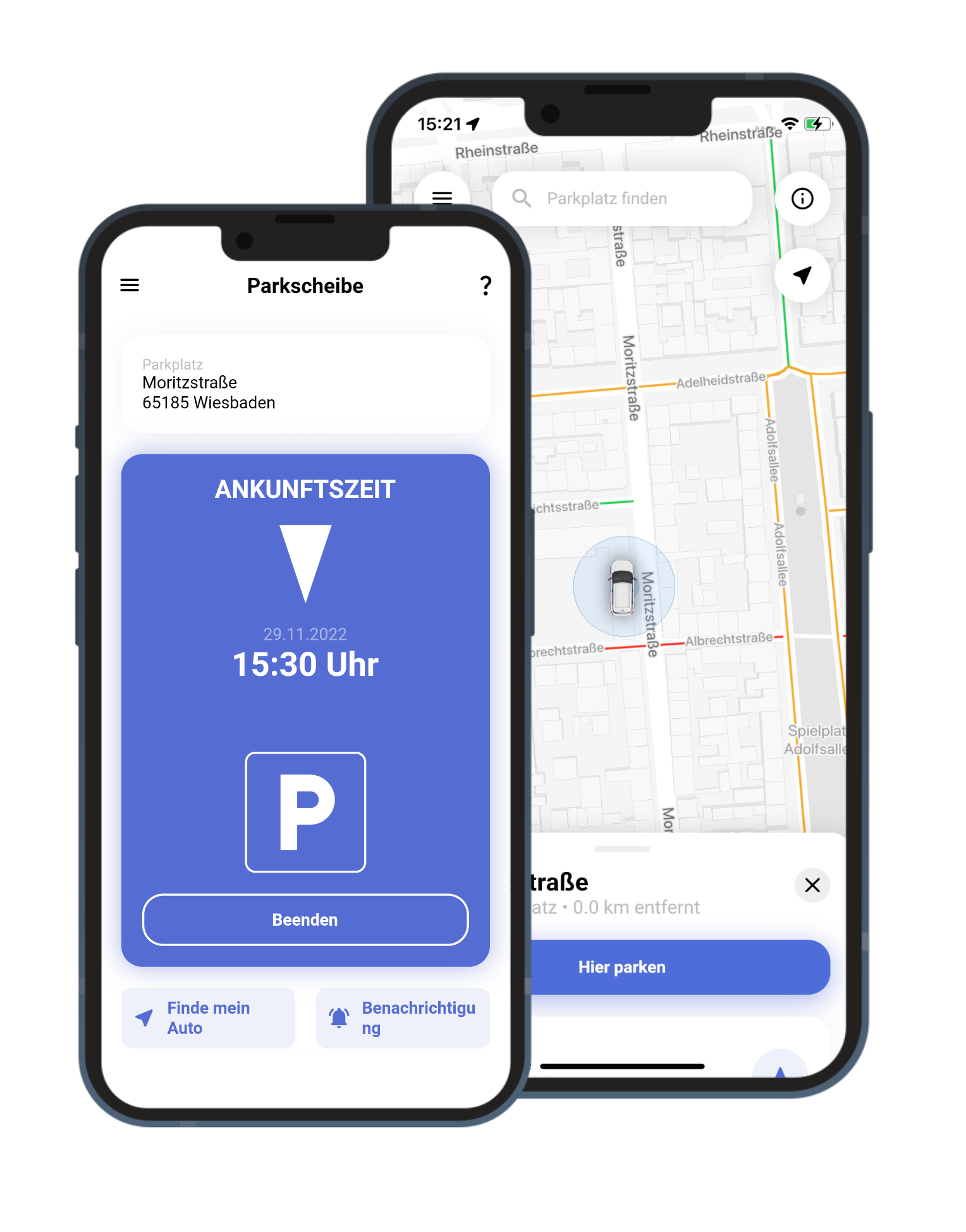 Screenshot der Parkbest-App, die eine Parkscheibe auf dem Bildschirm eines Smartphones anzeigt. Ein zweiter Smartphonebildschirm zeigt eine Straßenkarte an, in die die aktuelle Position eines Fahrzeugs eingeblendet ist.