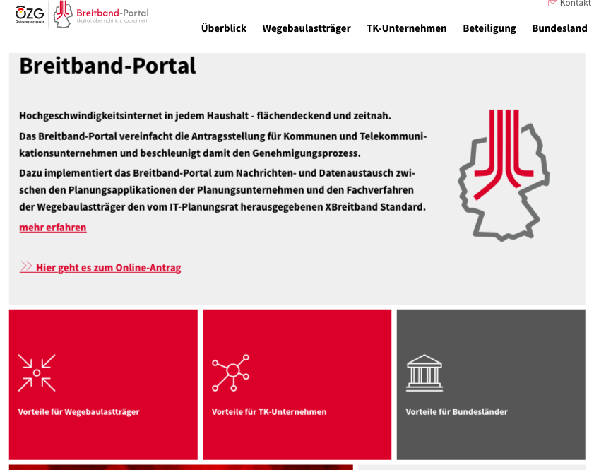 Screenshot der Startseite des OZG-Breitband-Portals.