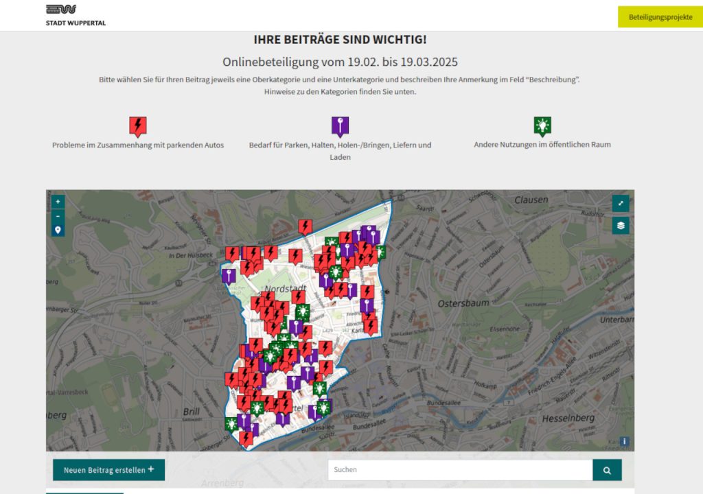 Screenshot von der Online-Beteiligung zum Parkraumkonzept in Wuppertal. Zu sehen ist die digitale Stadtkarte mit zahlreichen Hinweisen und Ideen.