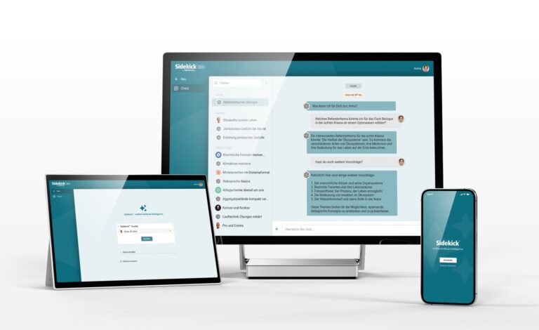 Die Benutzeroberfläche von Sidekick wird auf einem Tablet, einem Desktop-Bildschirm und einem Smartphone angezeigt.